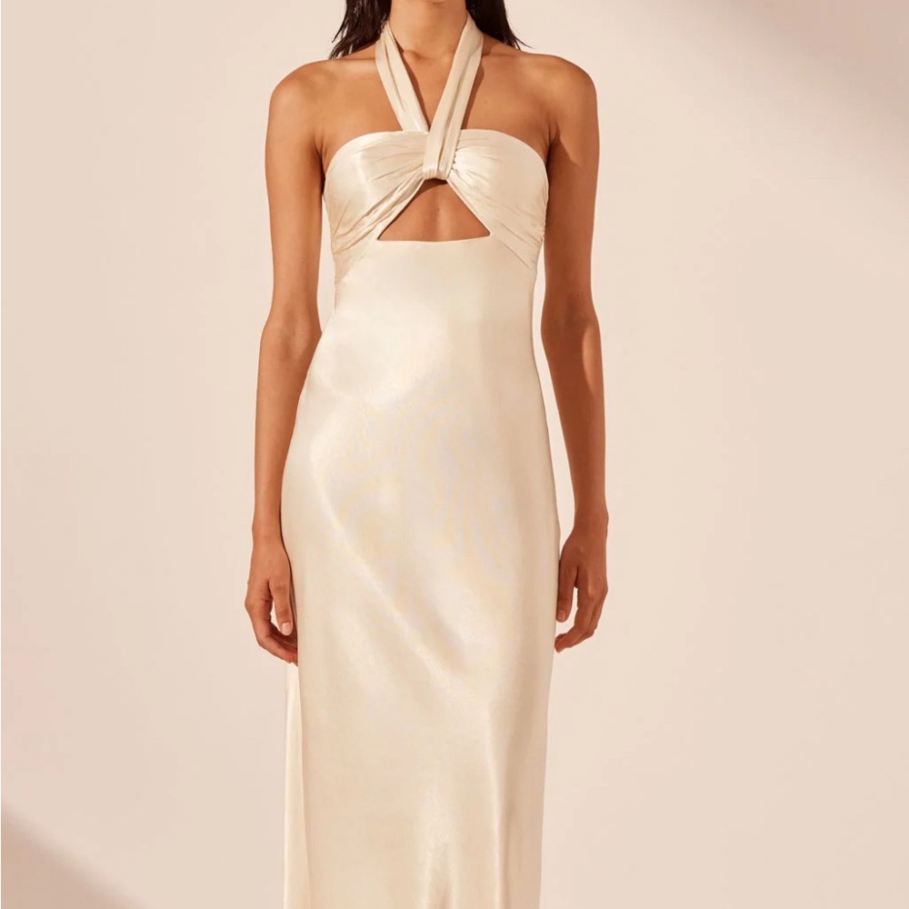 Shona Joy La Lune Ruched Halter Maxi Dress in Cream